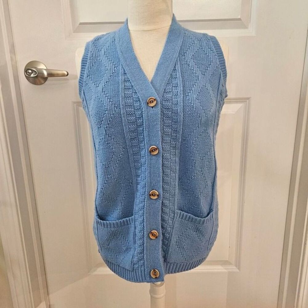 Vintage 60s Blue Knit Sweater Vest Sleeveless Cardigan with Wood Buttons Medium